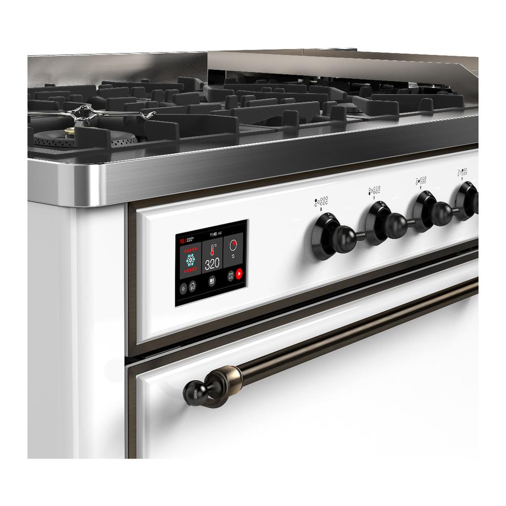 Ilve UM60FQNR3WHB Ilve Um60Fqnr3Whb Majestic Iii 60 Inch Dual Fuel Range With 9 Burners And Griddle, Dual Function Burner Up To 25,000 Btu (Natural Gas, Solid Door, White, Burnished)
