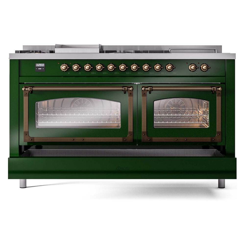 Ilve UN60FSNMPEGB Ilve Un60Fsnmpegb Nostalgie Ii Noblesse 60" Dual Fuel Range (7 Sealed Burners + Griddle + French Top, Natural Gas, Triple Glass Door, Emerald Green, Burnished)