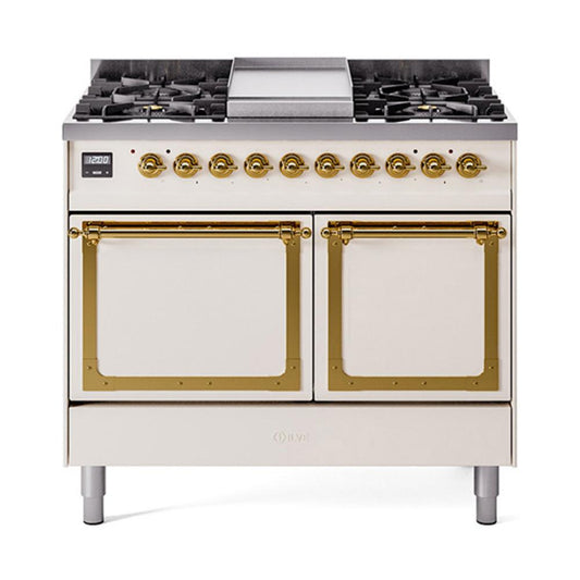 Ilve UND40FQNMPAWG Ilve Und40Fqnmpawg Nostalgie Ii Noblesse 40" Dual Fuel Range (Natural Gas, Solid Door, Antique White, Brass)