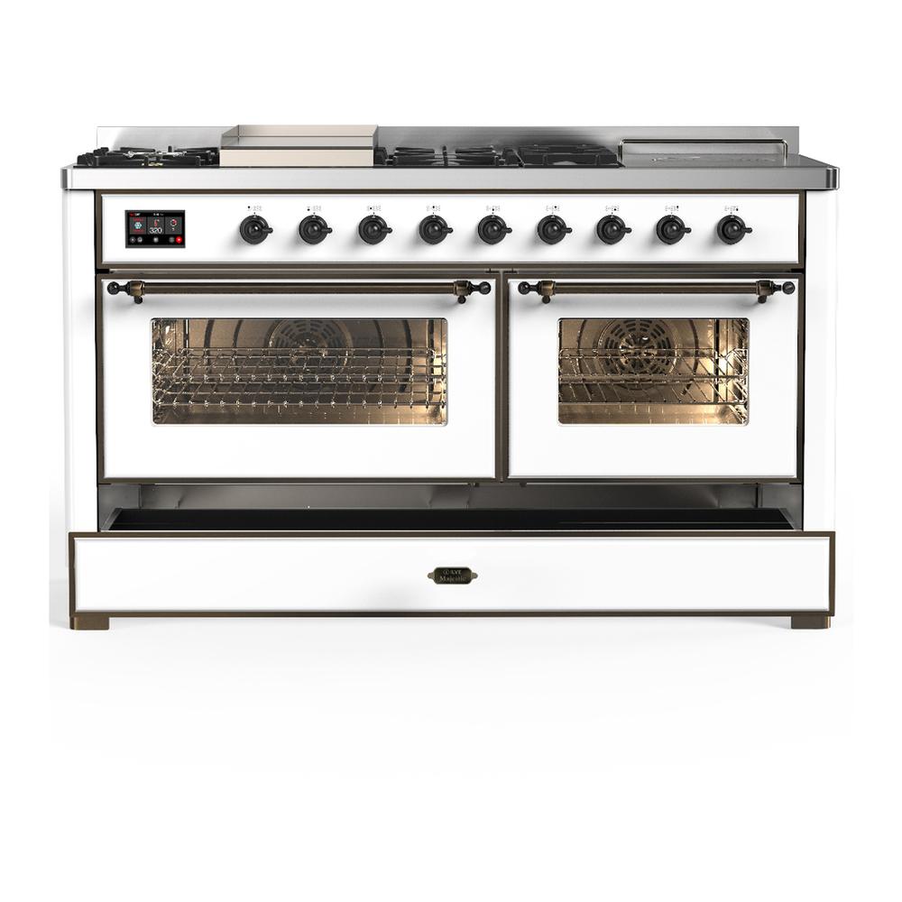 Ilve UM60FSNR3WHBLP Ilve Um60Fsnr3Whblp Majestic Iii 60 Inch Dual Fuel Range With 7 Burners, Griddle And French Top, Dual Function Burner With Up To 25,000 Btu (Liquid Propane, Triple Glass Door, White, Burnished)