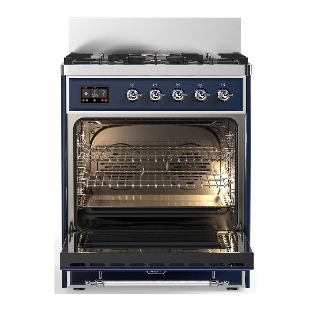 Ilve UM30NR3MBC Ilve Um30Nr3Mbc Majestic Iii 30 Inch Dual Fuel Range With 5 Black Brass Burners, Dual Function Burner Up To 25,000 Btu (Natural Gas, Triple Glass Door, Midnight Blue, Chrome)