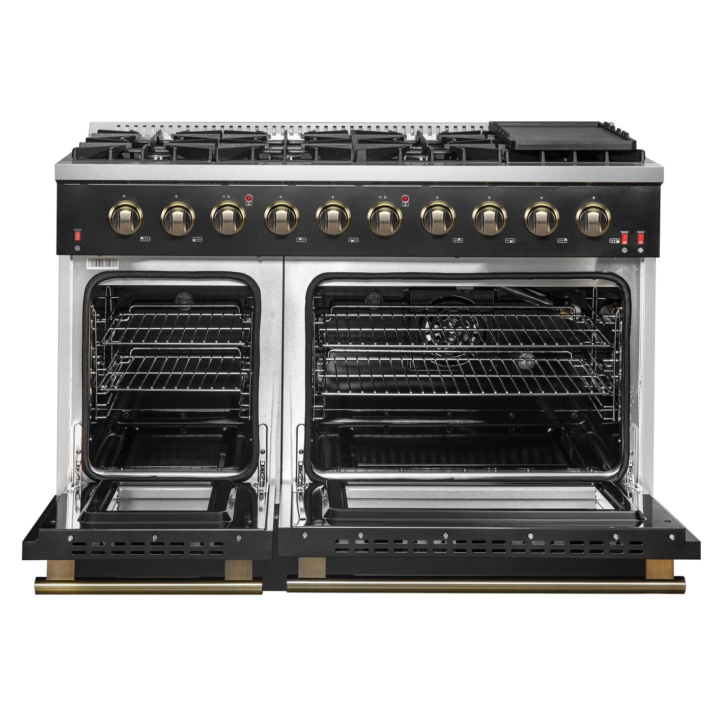 Forno FFSGS624448BLK Forno Galiano 48-Inch Gas Range Black & Antique Brass Design, 8 Burners, 107,000 Btu, Griddle, 6.58 Cu.Ft. Double Ovens