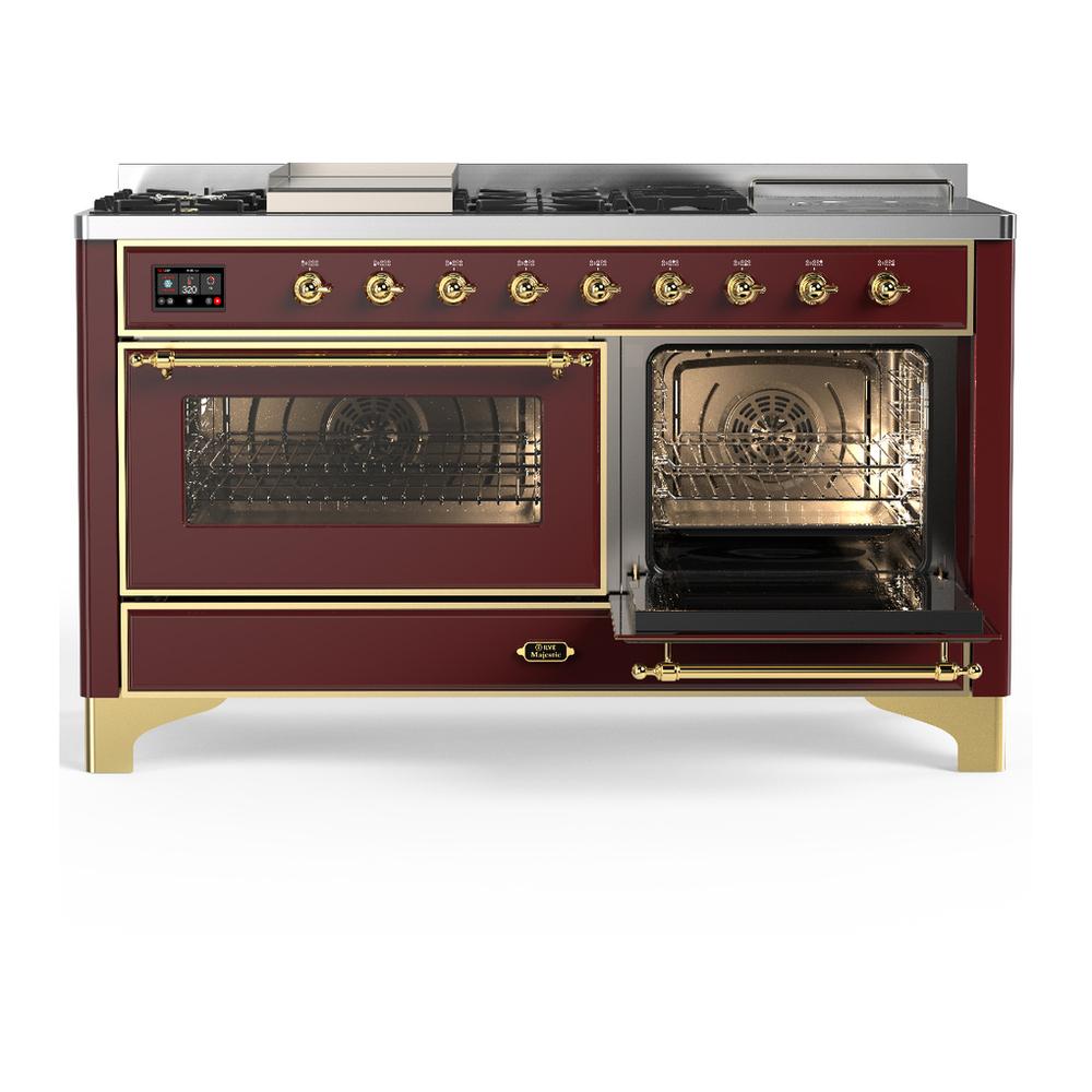 Ilve UM60FSNR3BUG Ilve Um60Fsnr3Bug Majestic Iii 60 Inch Dual Fuel Range With 7 Burners, Griddle And French Top, Dual Function Burner With Up To 25,000 Btu (Natural Gas, Triple Glass Door, Burgundy, Brass)