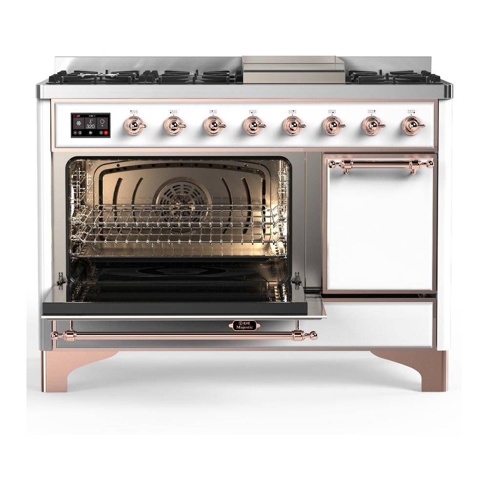 Ilve UM48FQNR3WHP Ilve Um48Fqnr3Whp Majestic Iii 48 Inch Dual Fuel Range With 8 Burners And Griddle, Dual Function Burner Up To 25,000 Btu (Natural Gas, Solid Door, White, Copper)
