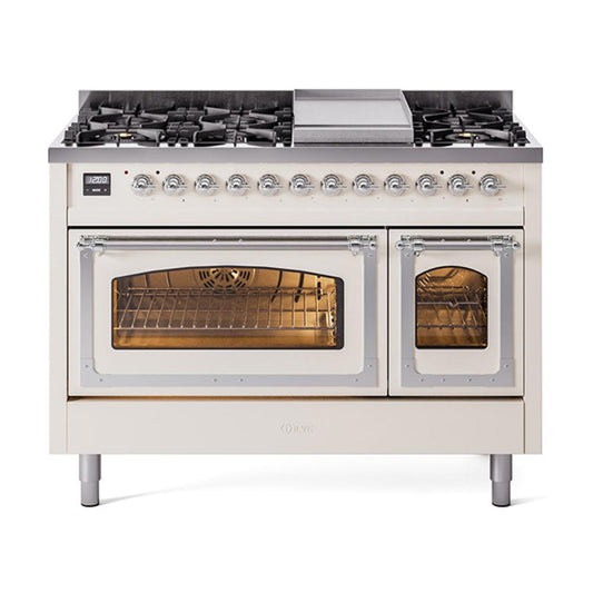 Ilve UN48FNMPAWCLP Ilve Un48Fnmpawclp Nostalgie Ii Noblesse 48" Dual Fuel Range (8 Sealed Burners + Griddle, Liquid Propane, Triple Glass Door, Antique White, Chrome)