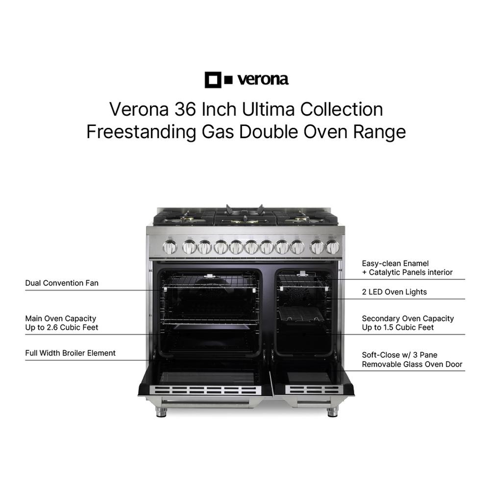 Verona VUFSGG365DSS Verona Vufsgg365Dss 36 Inch Ultima Collection Double Oven Gas Range With 5 Brass Burners, 4.1 Cu. Ft. Oven Total Capacity In Stainless Steel