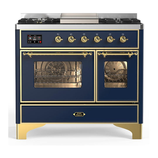 Ilve UMD40FNR3MBGLP Ilve Umd40Fnr3Mbglp Majestic Iii 40 Inch Dual Fuel Range With 6 Burners And Griddle, Dual Function Burner Up To 25,000 Btu (Liquid Propane, Triple Glass Door, Midnight Blue, Brass)