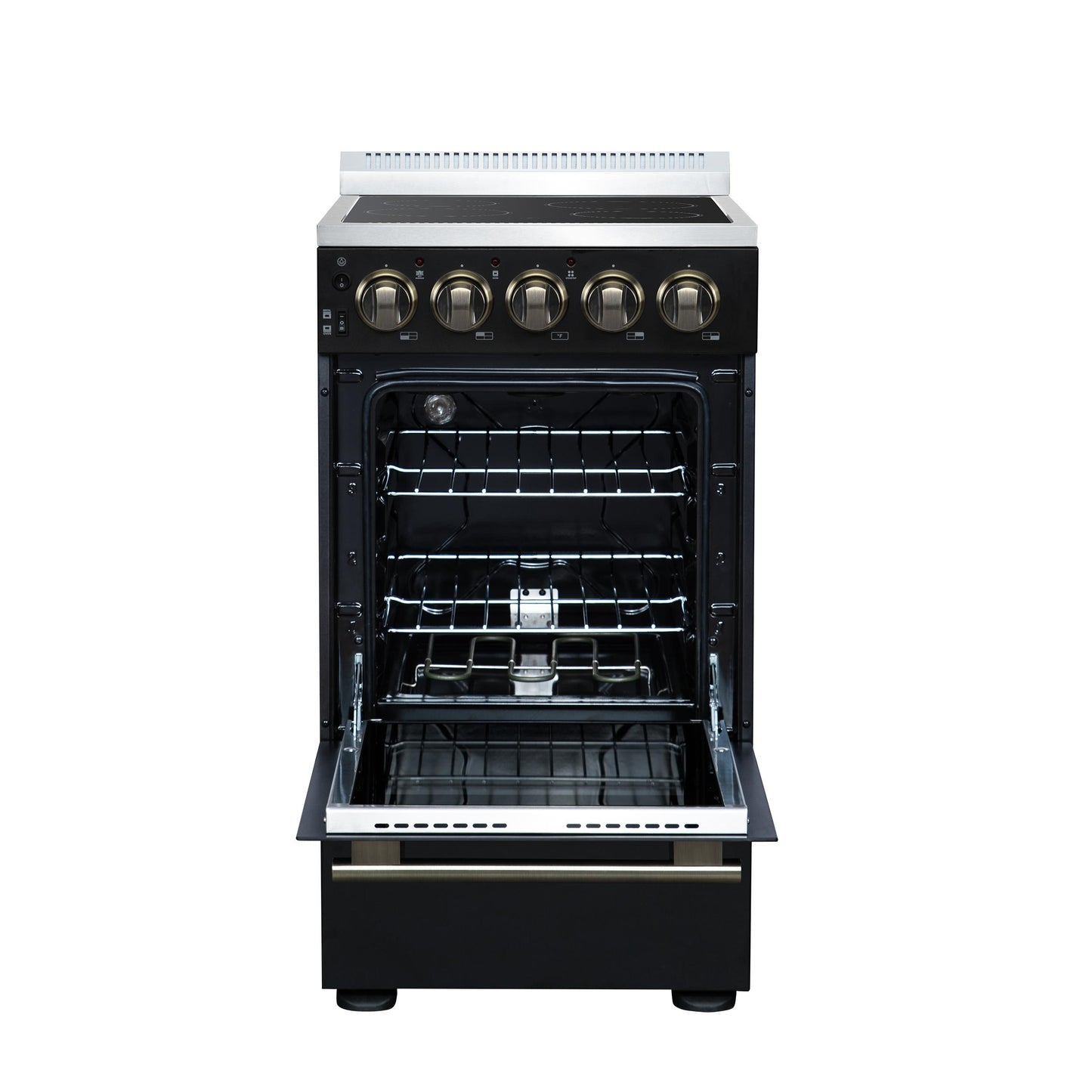 Forno FFSEL605220BLK Forno Pallerano 20 Inch Freestanding Electric Range In Black With Antique Brass, Compact Design