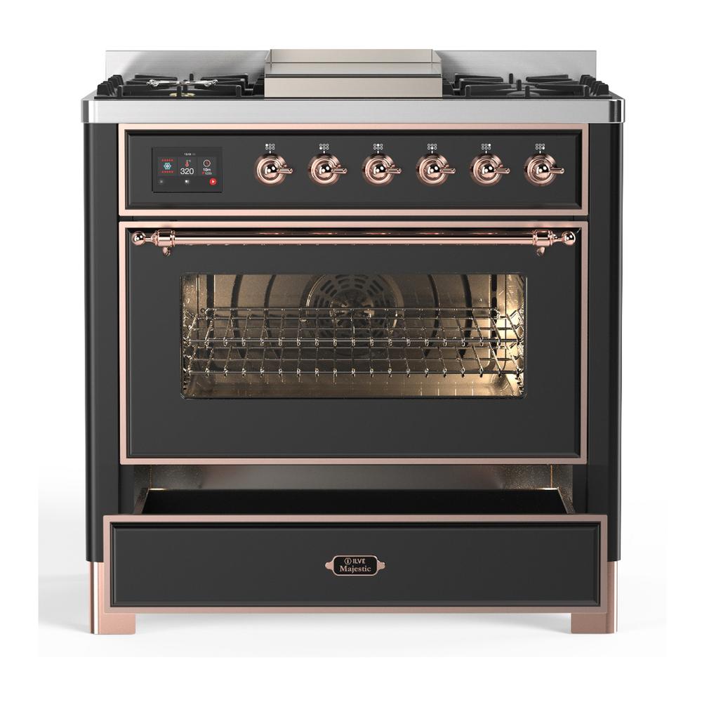 Ilve UM36FNR3MGPLP Ilve Um36Fnr3Mgplp Majestic Iii 36 Inch Dual Fuel Range With 6 Black Brass Burners And Griddle, Dual Function Burner Up To 25,000 Btu (Triple Glass Door, Graphite Matte, Copper, Liquid Propane)