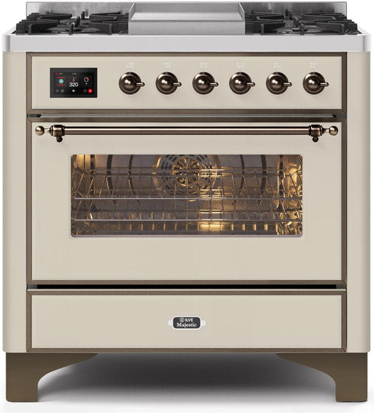 Ilve UM09FDNS3AWB Majestic Ii 36 Inch Dual Fuel Natural Gas Freestanding Range In Antique White With Bronze Trim