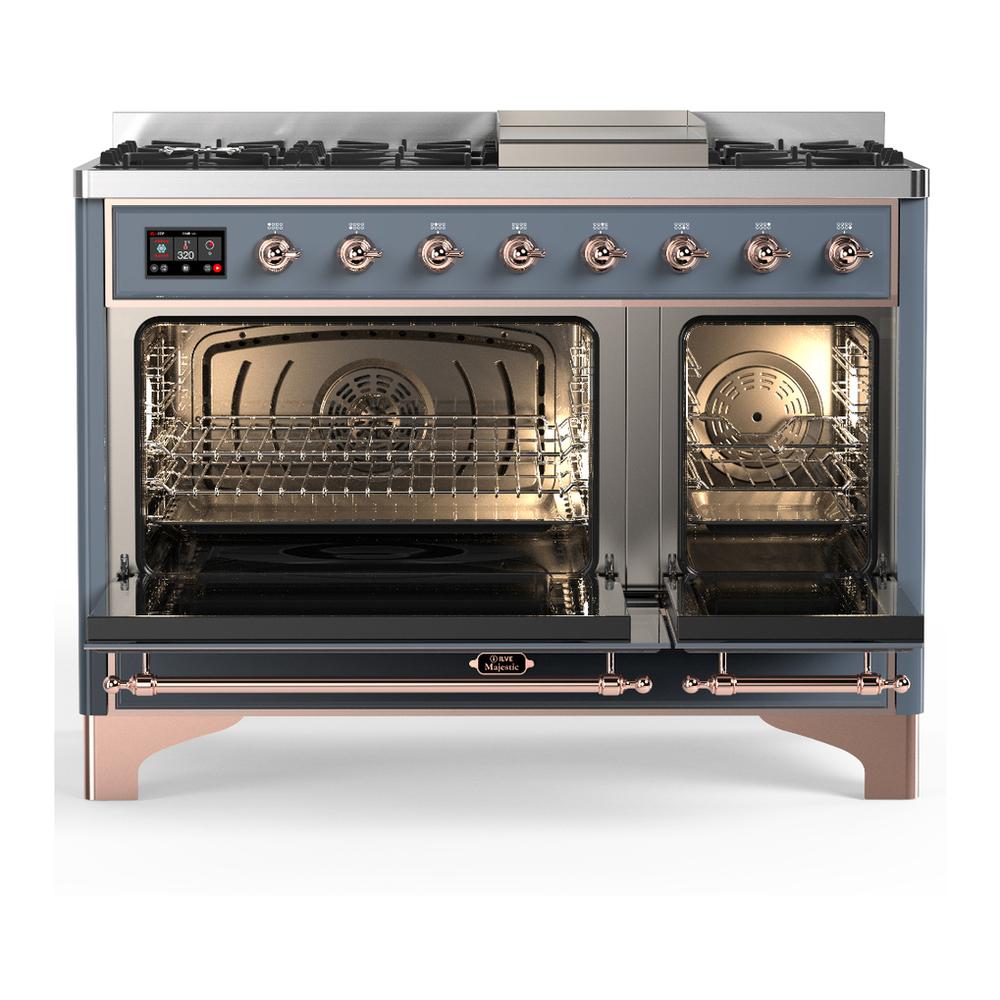 Ilve UM48FQNR3BGP Ilve Um48Fqnr3Bgp Majestic Iii 48 Inch Dual Fuel Range With 8 Burners And Griddle, Dual Function Burner Up To 25,000 Btu (Natural Gas, Solid Door, Blue Grey, Copper)
