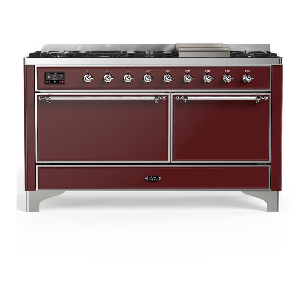 Ilve UM60FQNR3BUCLP Ilve Um60Fqnr3Buclp Majestic Iii 60 Inch Dual Fuel Range With 9 Burners And Griddle, Dual Function Burner Up To 25,000 Btu (Liquid Propane, Solid Door, Burgundy, Chrome)
