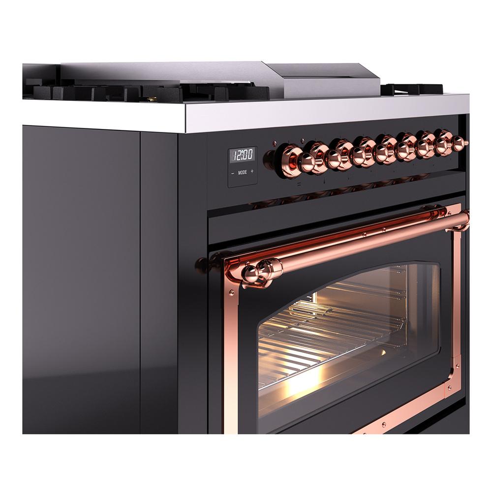 Ilve UN36FNMPBKPLP Ilve Un36Fnmpbkplp Nostalgie Ii Noblesse 36" Dual Fuel Range (Liquid Propane, Triple Glass Door, Glossy Black, Copper)
