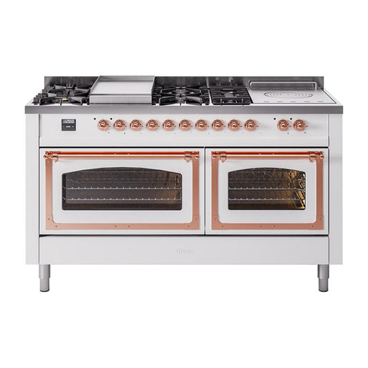 Ilve UN60FSNMPWHP Ilve Un60Fsnmpwhp Nostalgie Ii Noblesse 60" Dual Fuel Range (7 Sealed Burners + Griddle + French Top, Natural Gas, Triple Glass Door, White, Copper)