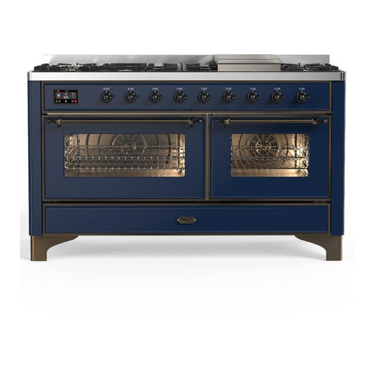 Ilve UM60FNR3MBBLP Ilve Um60Fnr3Mbblp Majestic Iii 60 Inch Dual Fuel Range With 9 Burners And Griddle, Dual Function Burner Up To 25,000 Btu (Liquid Propane, Triple Glass Door, Midnight Blue, Burnished)