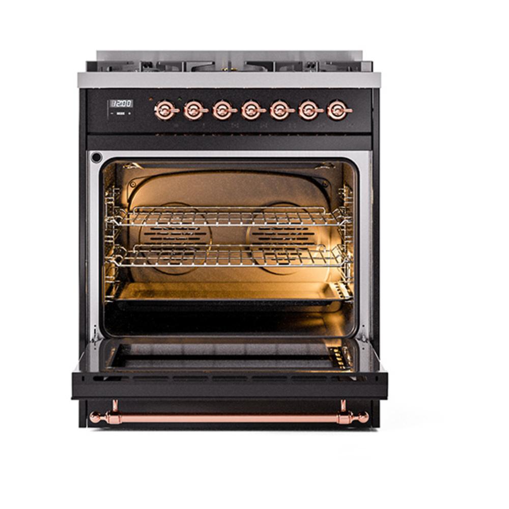 Ilve UN30QNMPBKPLP Ilve Un30Qnmpbkplp Nostalgie Ii Noblesse 30" Dual Fuel Range (Liquid Propane, Solid Door, Glossy Black, Copper)