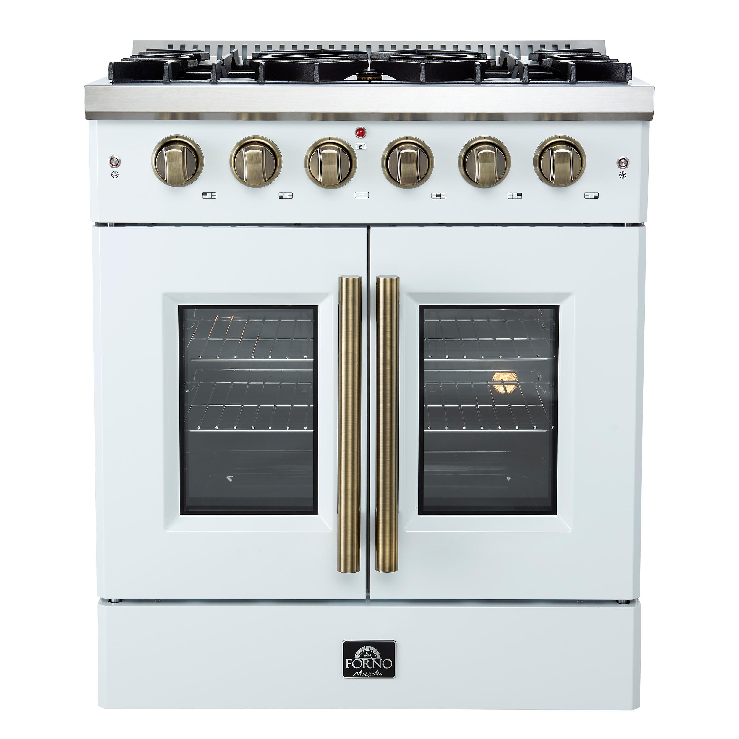 Forno FFSGS644430WHT Forno Galiano 30-Inch French Door Gas Rangenwhite With Antique Brass Design, 5 Burners,N68,000 Btu, 4.32 Cu.Ft. Convection Oven