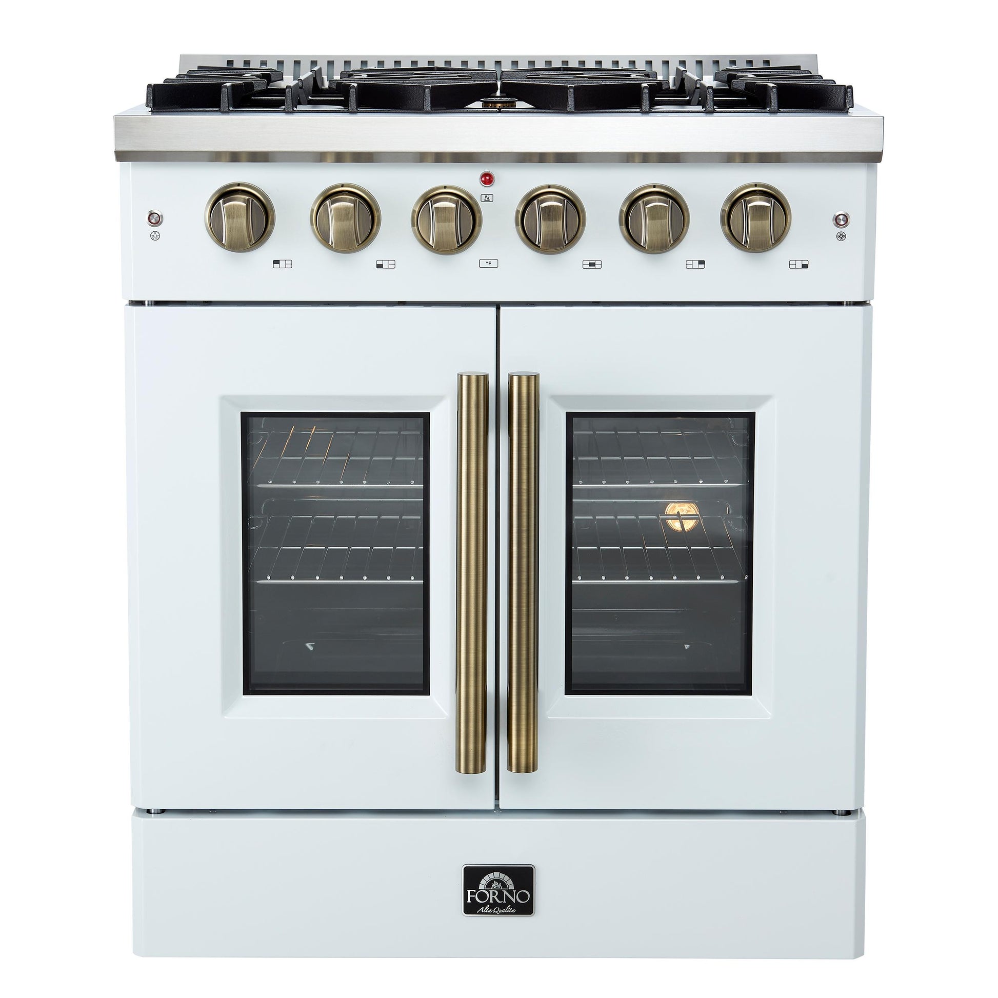 Forno FFSGS644430WHT Forno Galiano 30-Inch French Door Gas Rangenwhite With Antique Brass Design, 5 Burners,N68,000 Btu, 4.32 Cu.Ft. Convection Oven