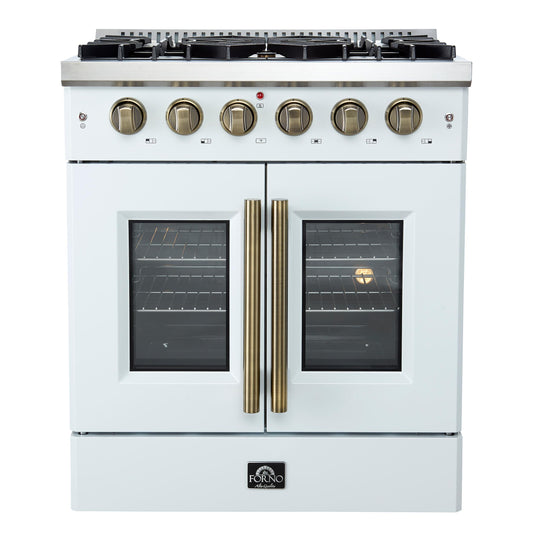 Forno FFSGS644430WHT Forno Galiano 30-Inch French Door Gas Rangenwhite With Antique Brass Design, 5 Burners,N68,000 Btu, 4.32 Cu.Ft. Convection Oven