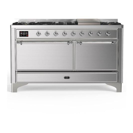 Ilve UM60FQNR3SSCLP Ilve Um60Fqnr3Ssclp Majestic Iii 60 Inch Dual Fuel Range With 9 Burners And Griddle, Dual Function Burner Up To 25,000 Btu (Liquid Propane, Solid Door, Stainless Steel, Chrome)