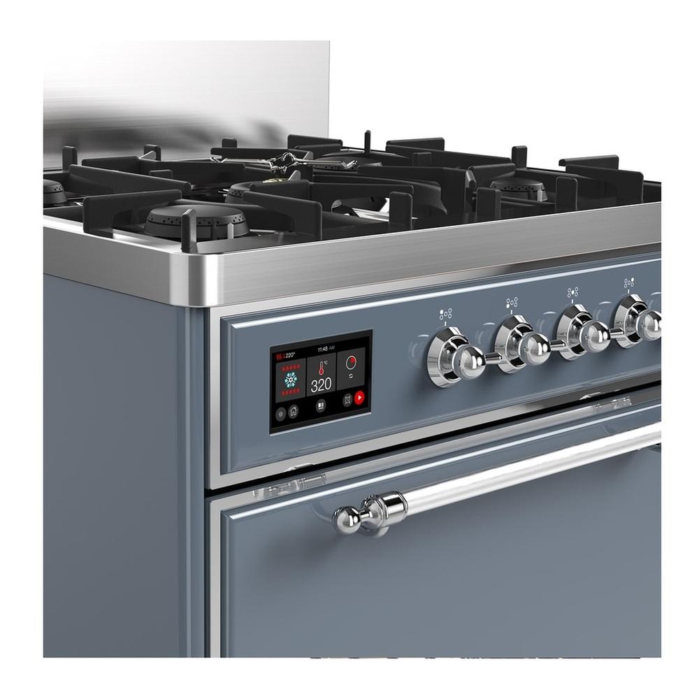 Ilve UM30QNR3BGCLP Ilve Um30Qnr3Bgclp Majestic Iii 30 Inch Dual Fuel Range With 5 Black Brass Burners, Dual Function Burner Up To 25,000 Btu (Liquid Propane, Solid Door, Blue Grey, Chrome)