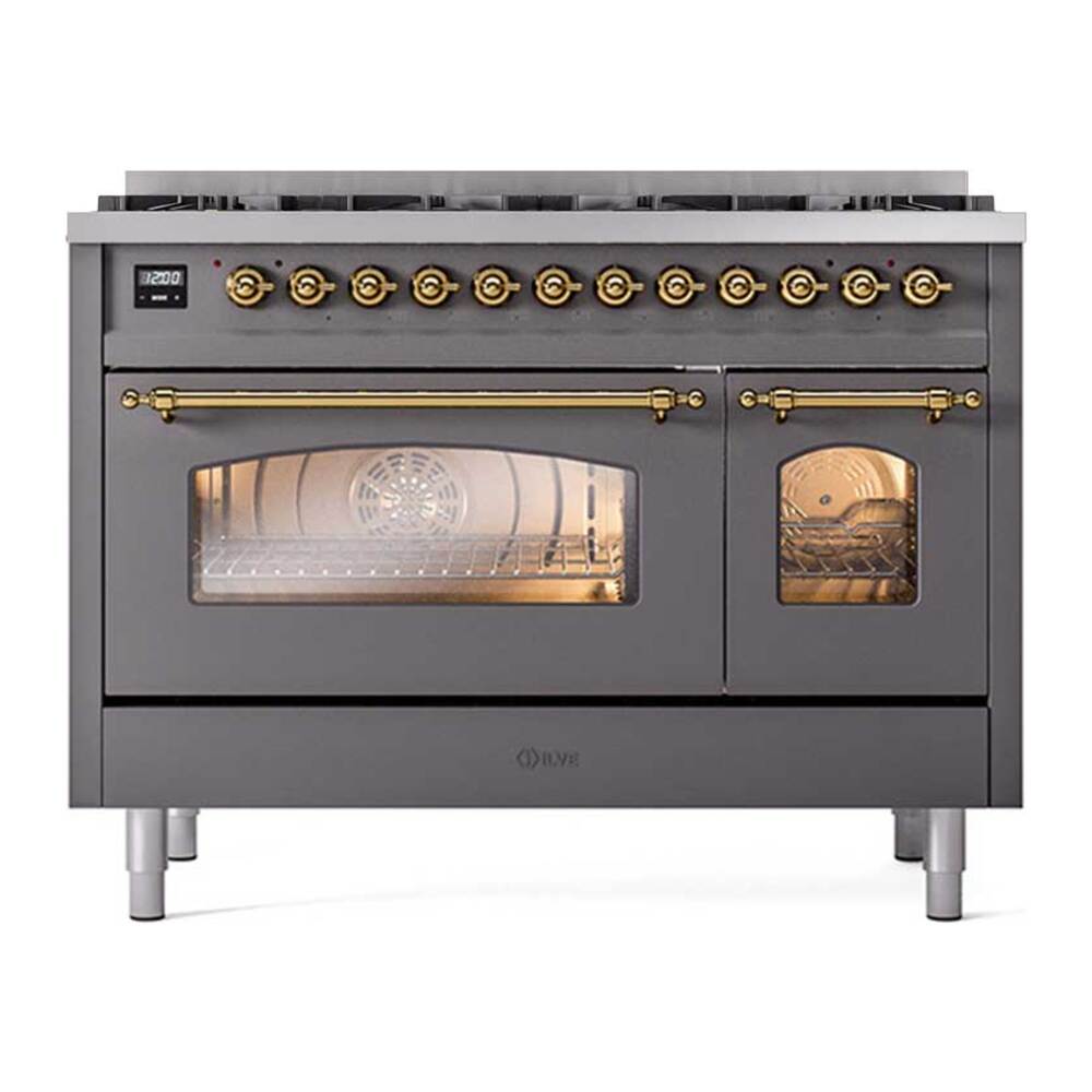 Ilve UP488NMPMGGLP Ilve Up488Nmpmgglp Nostalgie Ii 48 Inch Dual Fuel Range With 8 Total Black Brass Sealed Burners, Brass Trim (Limited Edition) (Liquid Propane, Graphite Matte)