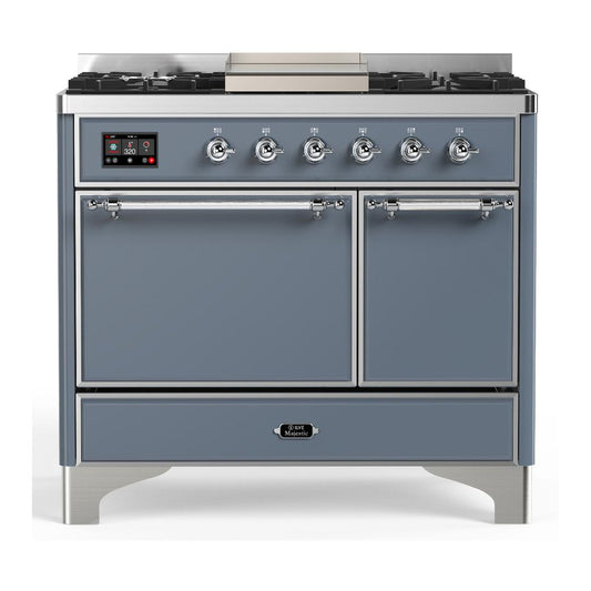 Ilve UMD40FQNR3BGC Ilve Umd40Fqnr3Bgc Majestic Iii 40 Inch Dual Fuel Range With 6 Burners And Griddle, Dual Function Burner Up To 25,000 Btu (Natural Gas, Solid Door, Blue Grey, Chrome)