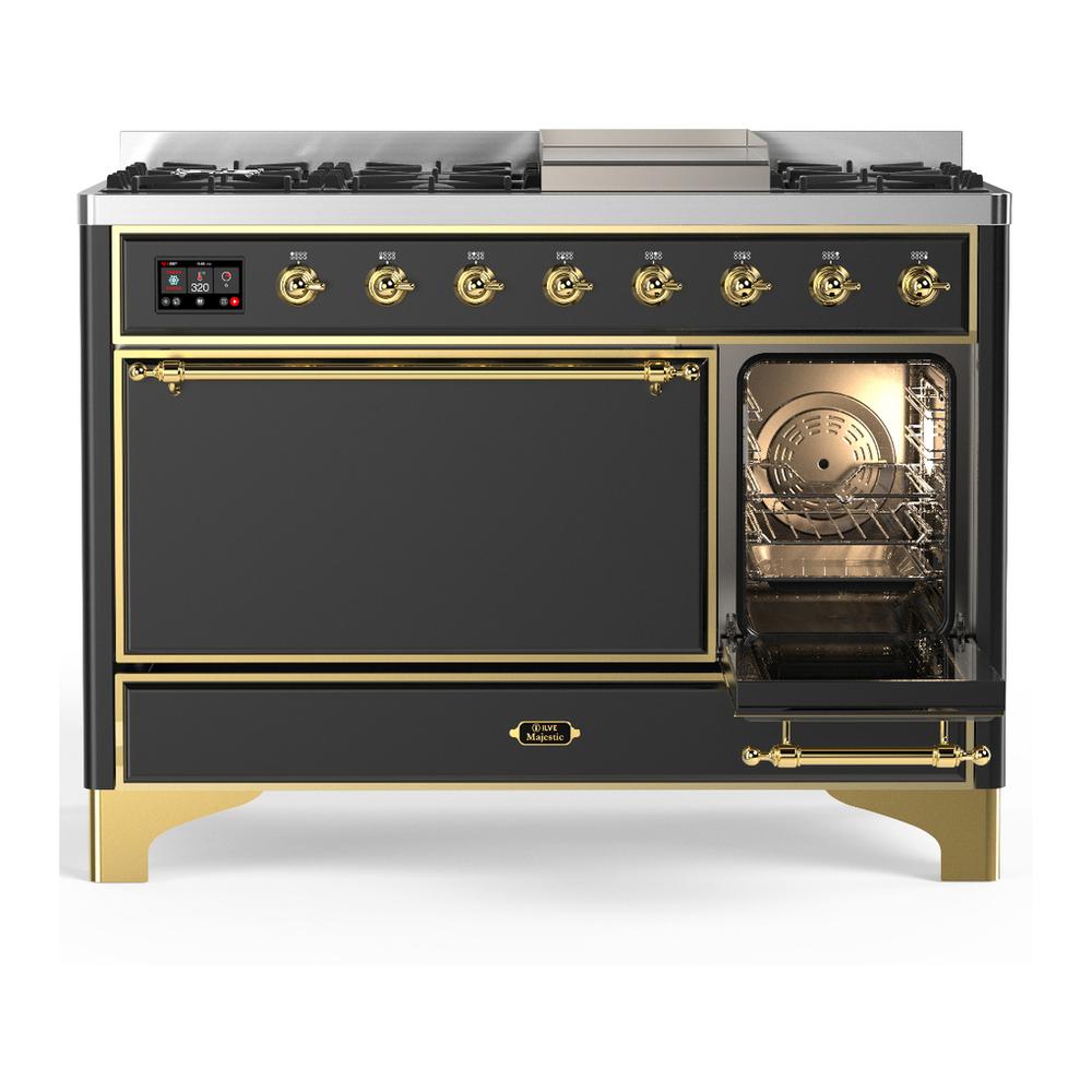 Ilve UM48FQNR3MGGLP Ilve Um48Fqnr3Mgglp Majestic Iii 48 Inch Dual Fuel Range With 8 Burners And Griddle, Dual Function Burner Up To 25,000 Btu (Liquid Propane, Solid Door, Graphite Matte, Brass)