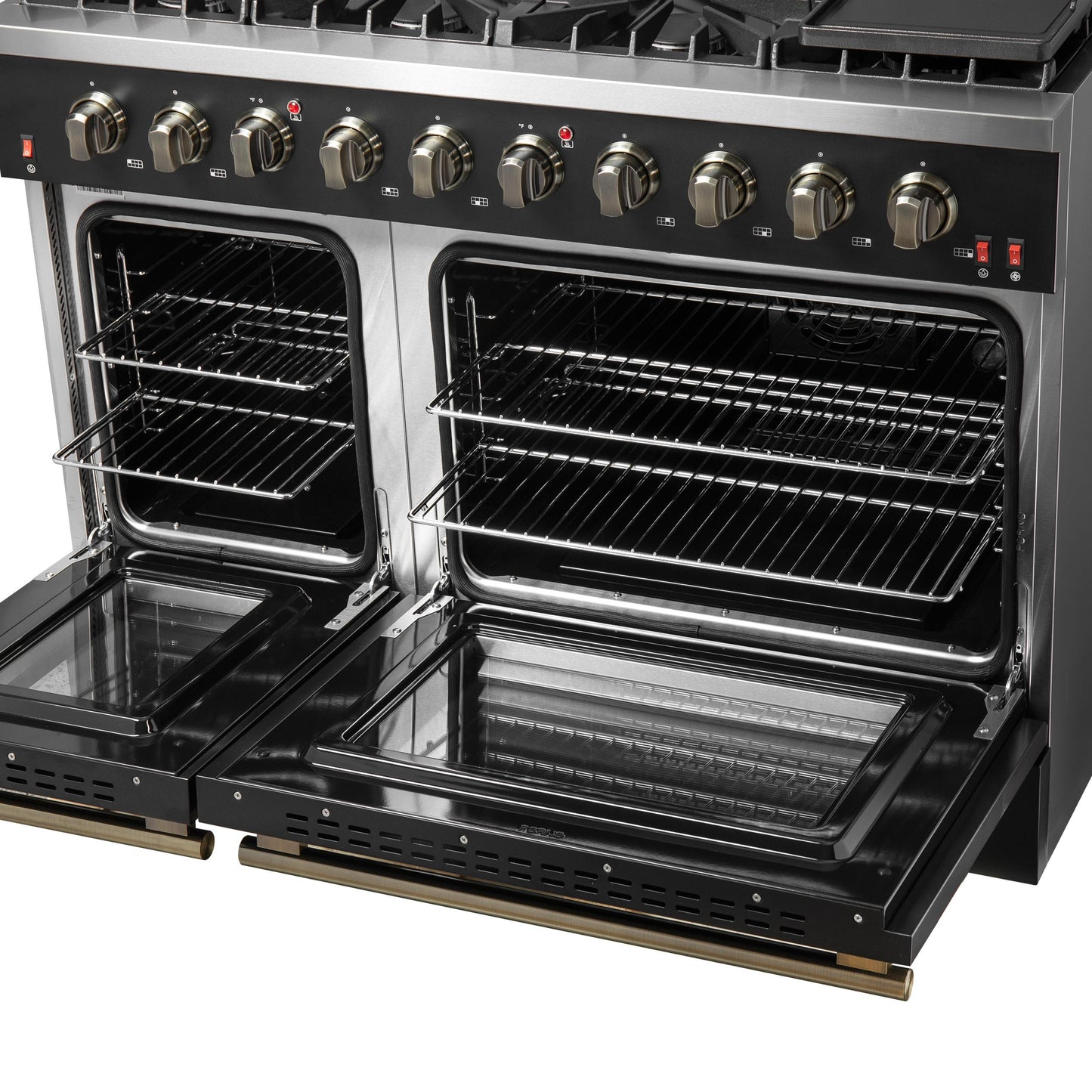 Forno FFSGS624448BLK Forno Galiano 48-Inch Gas Range Black & Antique Brass Design, 8 Burners, 107,000 Btu, Griddle, 6.58 Cu.Ft. Double Ovens