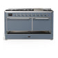 Ilve UM60FQNR3BGCLP Ilve Um60Fqnr3Bgclp Majestic Iii 60 Inch Dual Fuel Range With 9 Burners And Griddle, Dual Function Burner Up To 25,000 Btu (Liquid Propane, Solid Door, Blue Grey, Chrome)