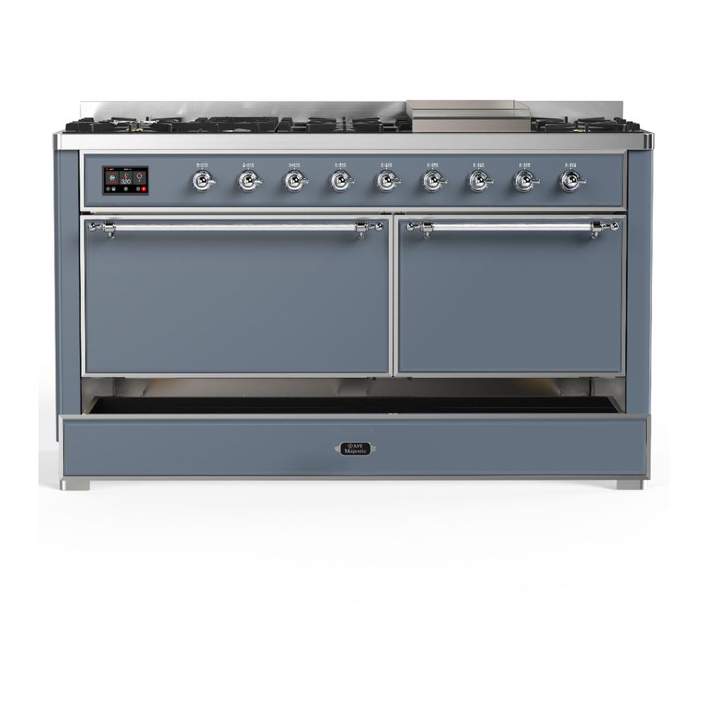 Ilve UM60FQNR3BGCLP Ilve Um60Fqnr3Bgclp Majestic Iii 60 Inch Dual Fuel Range With 9 Burners And Griddle, Dual Function Burner Up To 25,000 Btu (Liquid Propane, Solid Door, Blue Grey, Chrome)