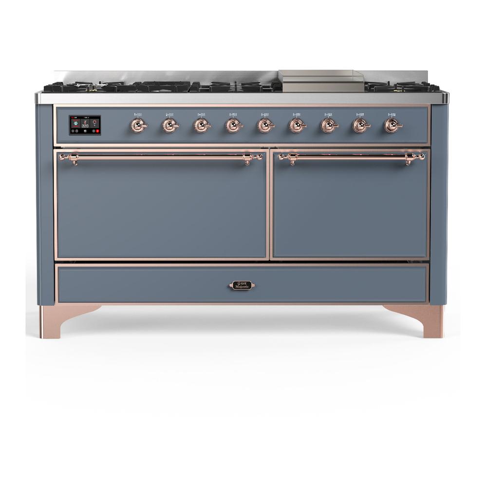 Ilve UM60FQNR3BGP Ilve Um60Fqnr3Bgp Majestic Iii 60 Inch Dual Fuel Range With 9 Burners And Griddle, Dual Function Burner Up To 25,000 Btu (Natural Gas, Solid Door, Blue Grey, Copper)