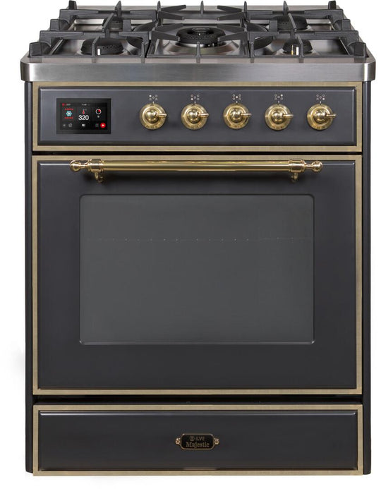 Ilve UM30DNE3MGG Majestic Ii 30 Inch Dual Fuel Natural Gas Freestanding Range In Matte Graphite With Brass Trim
