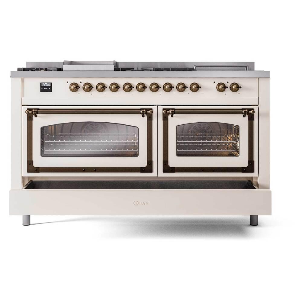 Ilve UN60FSNMPAWB Ilve Un60Fsnmpawb Nostalgie Ii Noblesse 60" Dual Fuel Range (7 Sealed Burners + Griddle + French Top, Natural Gas, Triple Glass Door, Antique White, Burnished)