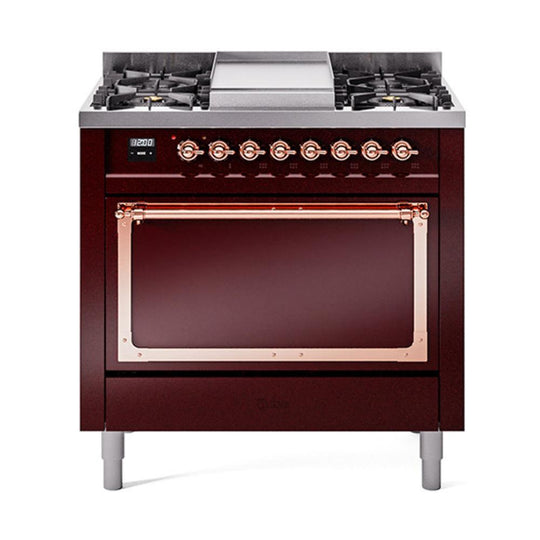 Ilve UN36FQNMPBUP Ilve Un36Fqnmpbup Nostalgie Ii Noblesse 36" Dual Fuel Range (Natural Gas, Solid Door, Burgundy, Copper)