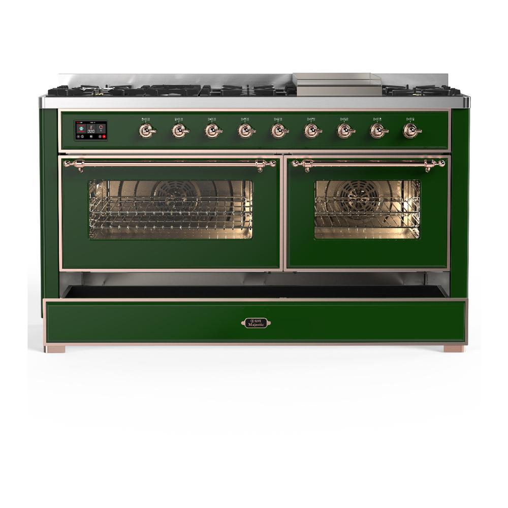 Ilve UM60FNR3EGP Ilve Um60Fnr3Egp Majestic Iii 60 Inch Dual Fuel Range With 9 Burners And Griddle, Dual Function Burner Up To 25,000 Btu (Natural Gas, Triple Glass Door, Emerald Green, Copper)