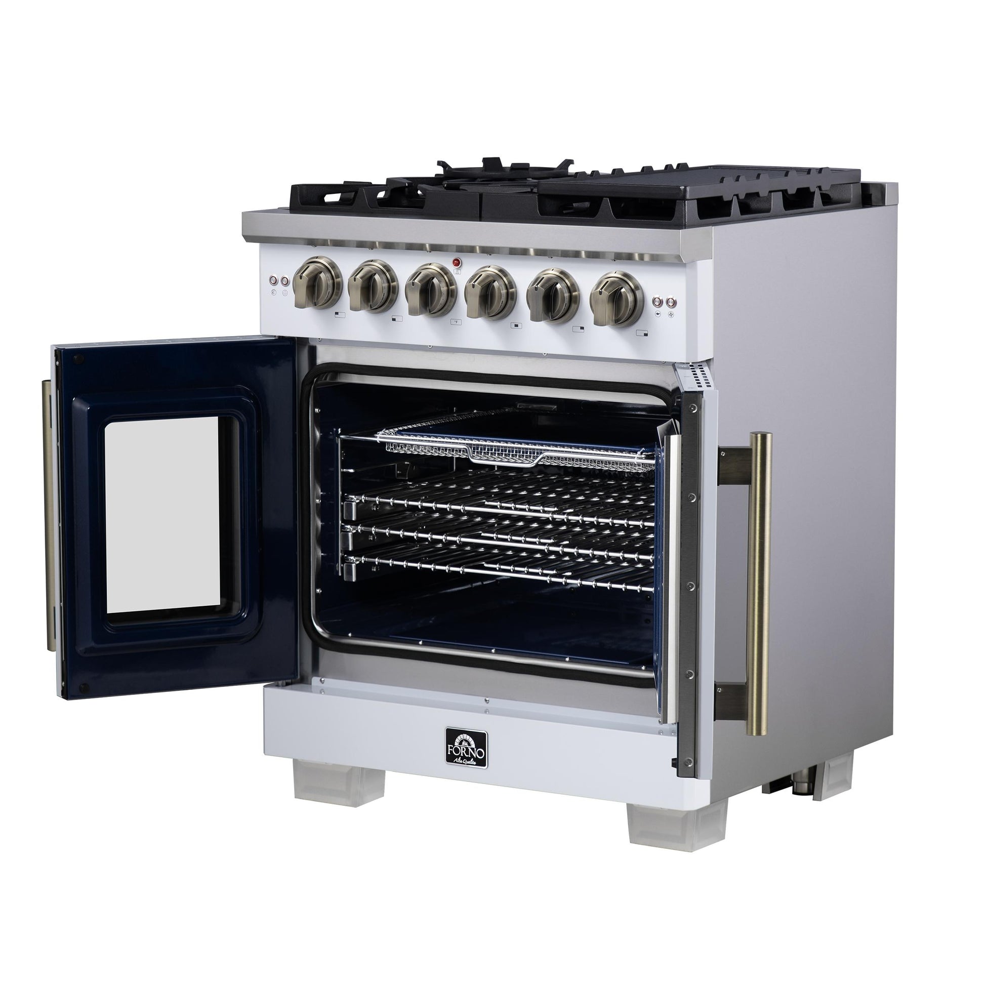 Forno FFSGS646030WHT Forno Capriasca 30-Inch White Freestanding French Door Gas Range, 4 Burners, Convection Oven, Energy Efficient