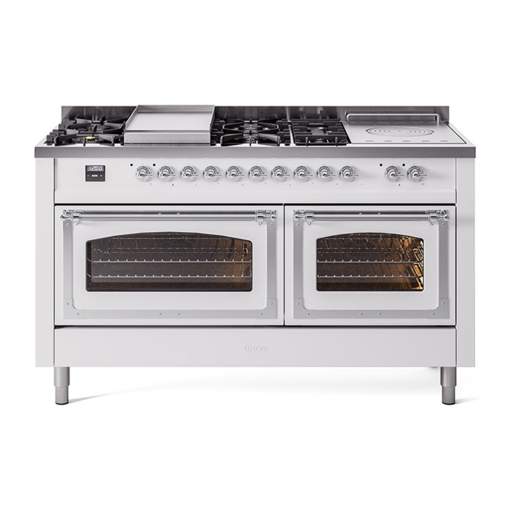 Ilve UN60FSNMPWHCLP Ilve Un60Fsnmpwhclp Nostalgie Ii Noblesse 60" Dual Fuel Range (7 Sealed Burners + Griddle + French Top, Liquid Propane, Triple Glass Door, White, Chrome)