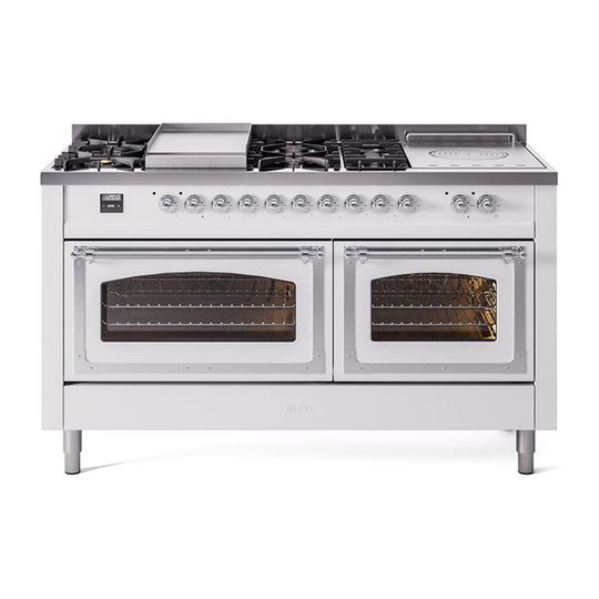 Ilve UN60FSNMPWHCLP Ilve Un60Fsnmpwhclp Nostalgie Ii Noblesse 60" Dual Fuel Range (7 Sealed Burners + Griddle + French Top, Liquid Propane, Triple Glass Door, White, Chrome)