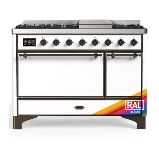 Ilve UM48FQNR3RABLP Ilve Um48Fqnr3Rablp Majestic Iii 48 Inch Dual Fuel Range With 8 Burners And Griddle, Dual Function Burner Up To 25,000 Btu (Liquid Propane, Solid Door, Ral, Burnished)