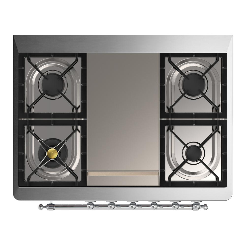 Ilve UM36FNR3BKC Ilve Um36Fnr3Bkc Majestic Iii 36 Inch Dual Fuel Range With 6 Black Brass Burners And Griddle, Dual Function Burner Up To 25,000 Btu (Triple Glass Door, Glossy Black, Chrome, Natural Gas)