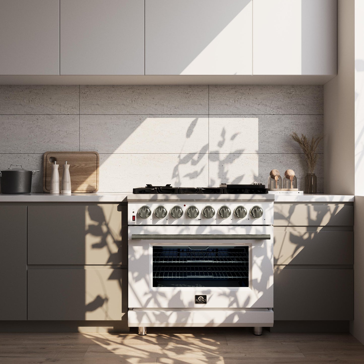 Forno FFSGS612536WHT Forno Massimo 36 Inch Freestanding Dual Fuel Range In White With Antique Brass Accessories, 6 Burners, 5.36 Cu. Ft. Convection Oven
