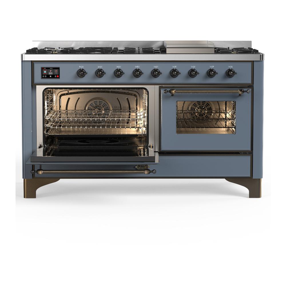Ilve UM60FNR3BGBLP Ilve Um60Fnr3Bgblp Majestic Iii 60 Inch Dual Fuel Range With 9 Burners And Griddle, Dual Function Burner Up To 25,000 Btu (Liquid Propane, Triple Glass Door, Blue Grey, Burnished)
