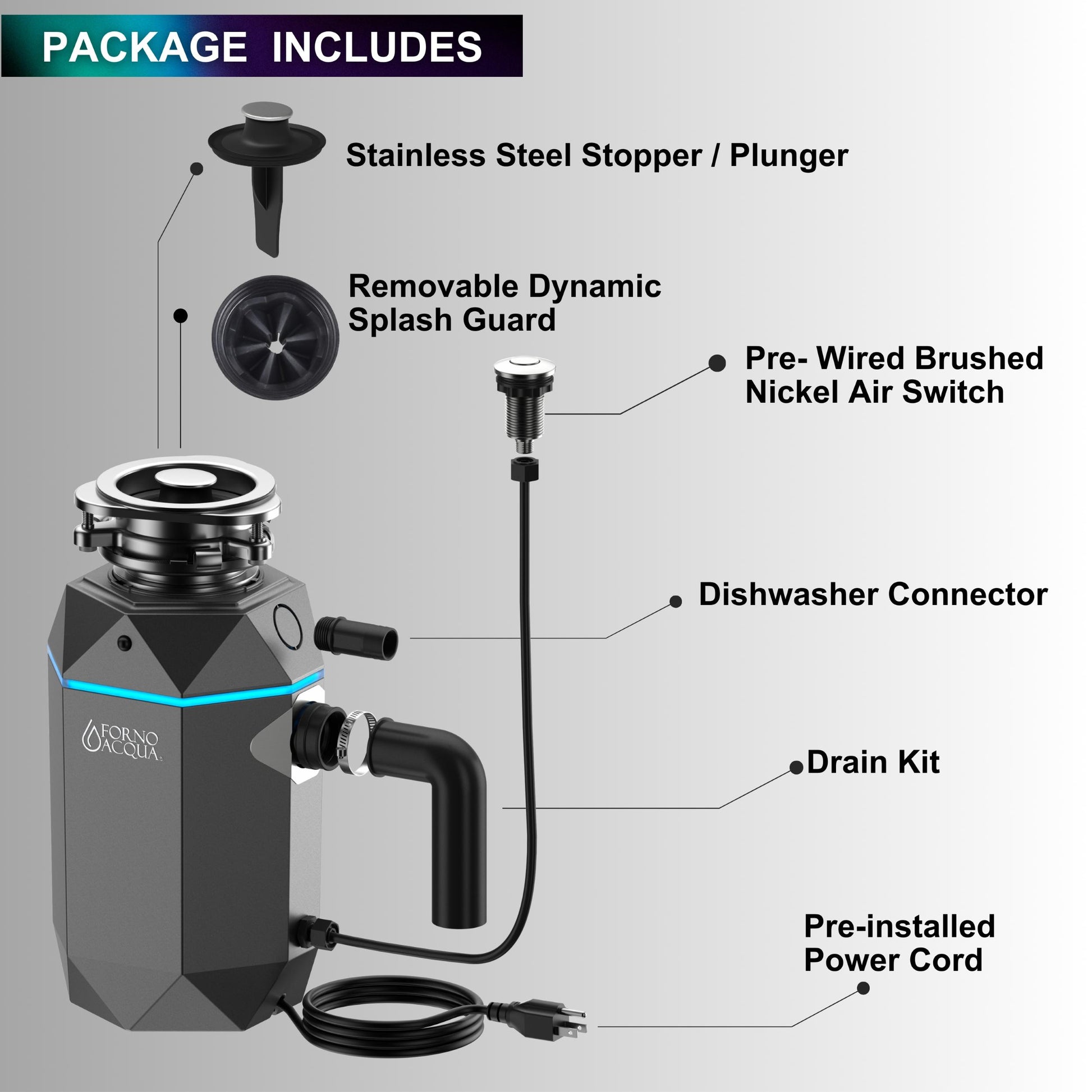 Forno WDD100TA1BO Forno Acqua Brightdiamond Black Onyx 1Hp Super Quiet Garbage Disposal Corded With Motion Sensor Cabinet Light & Pre-Wired Air Switch