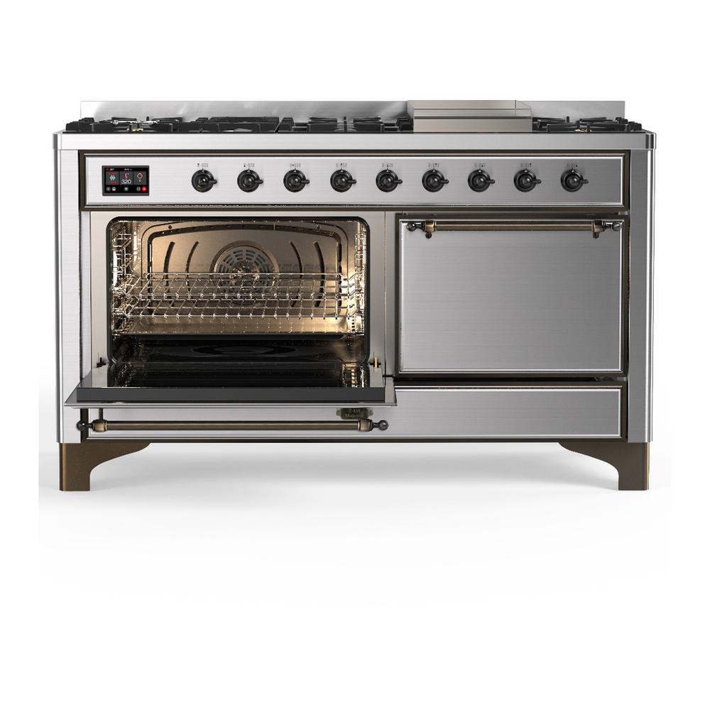 Ilve UM60FQNR3SSBLP Ilve Um60Fqnr3Ssblp Majestic Iii 60 Inch Dual Fuel Range With 9 Burners And Griddle, Dual Function Burner Up To 25,000 Btu (Liquid Propane, Solid Door, Stainless Steel, Burnished)
