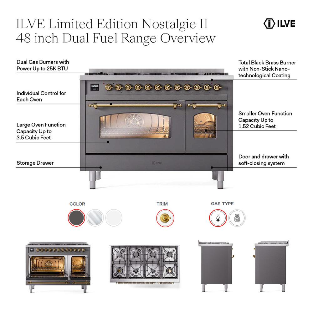 Ilve UP488NMPMGGLP Ilve Up488Nmpmgglp Nostalgie Ii 48 Inch Dual Fuel Range With 8 Total Black Brass Sealed Burners, Brass Trim (Limited Edition) (Liquid Propane, Graphite Matte)