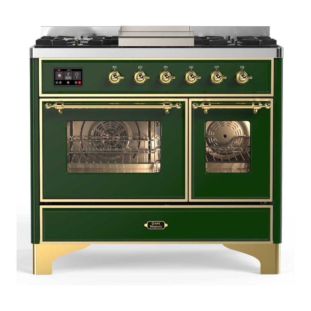 Ilve UMD40FNR3EGGLP Ilve Umd40Fnr3Egglp Majestic Iii 40 Inch Dual Fuel Range With 6 Burners And Griddle, Dual Function Burner Up To 25,000 Btu (Liquid Propane, Triple Glass Door, Emerald Green, Brass)