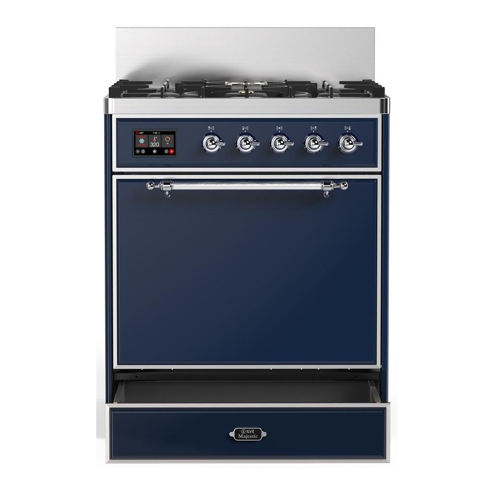 Ilve UM30QNR3MBC Ilve Um30Qnr3Mbc Majestic Iii 30 Inch Dual Fuel Range With 5 Black Brass Burners, Dual Function Burner Up To 25,000 Btu (Natural Gas, Solid Door, Midnight Blue, Chrome)