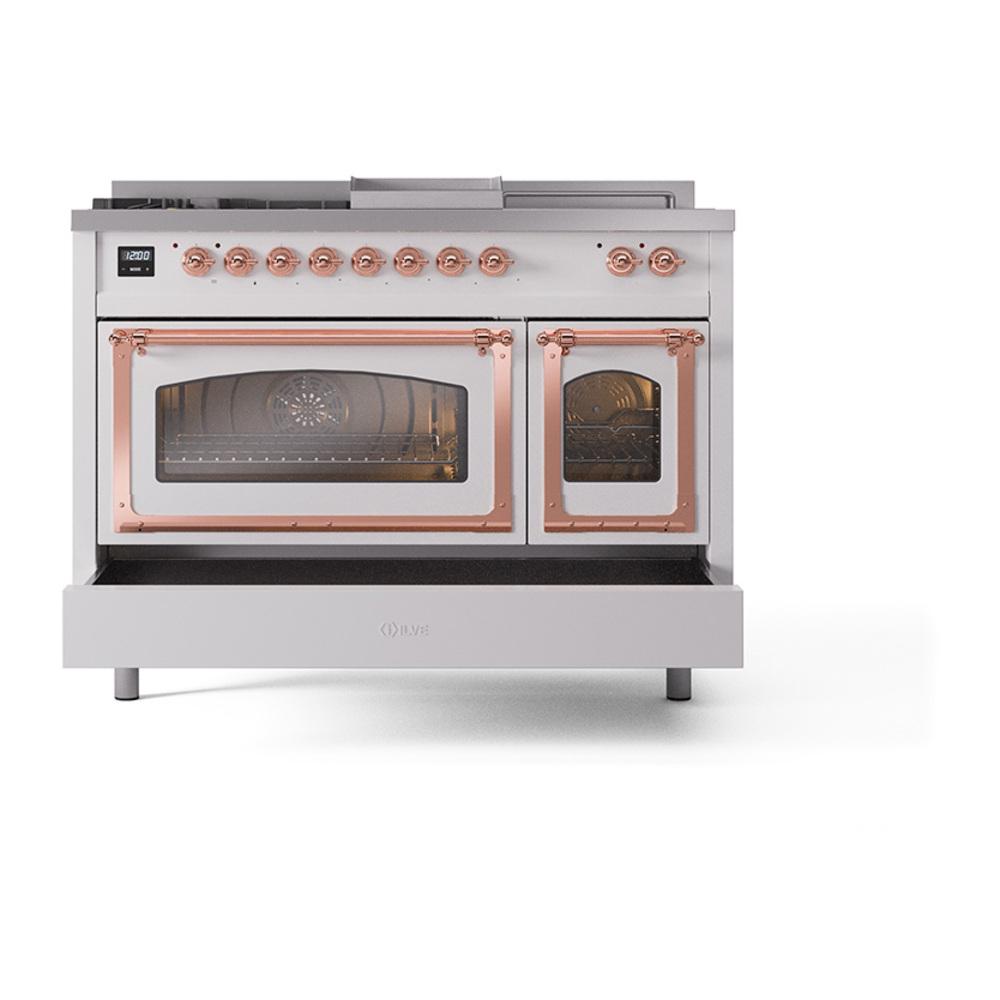 Ilve UN48FSNMPRAP Ilve Un48Fsnmprap Nostalgie Ii Noblesse 48" Dual Fuel Range (5 Sealed Burners + Griddle + French Top, Natural Gas, Triple Glass Door, Ral, Copper)