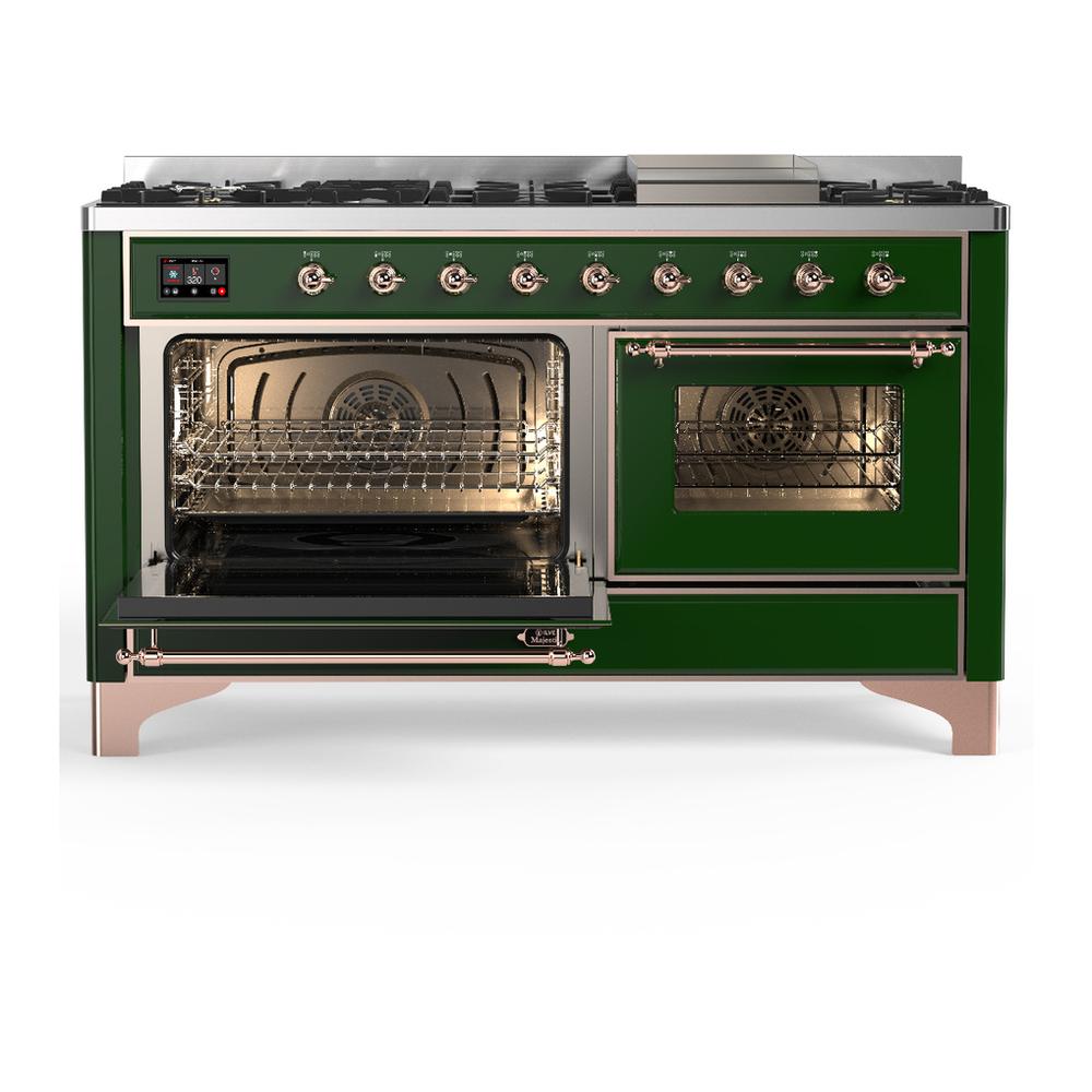 Ilve UM60FNR3EGPLP Ilve Um60Fnr3Egplp Majestic Iii 60 Inch Dual Fuel Range With 9 Burners And Griddle, Dual Function Burner Up To 25,000 Btu (Liquid Propane, Triple Glass Door, Emerald Green, Copper)